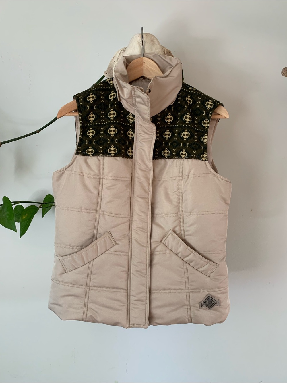 Beaver Canoe Quilted Beige Puffer Vest with Olive Patterned Yoke 🦫